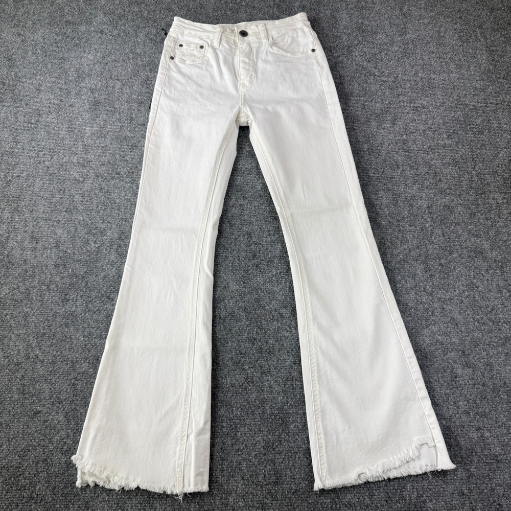 SIX-DENIM BRAND Flare Jeans White Raw Hem Stretch High Rise XS Y2K